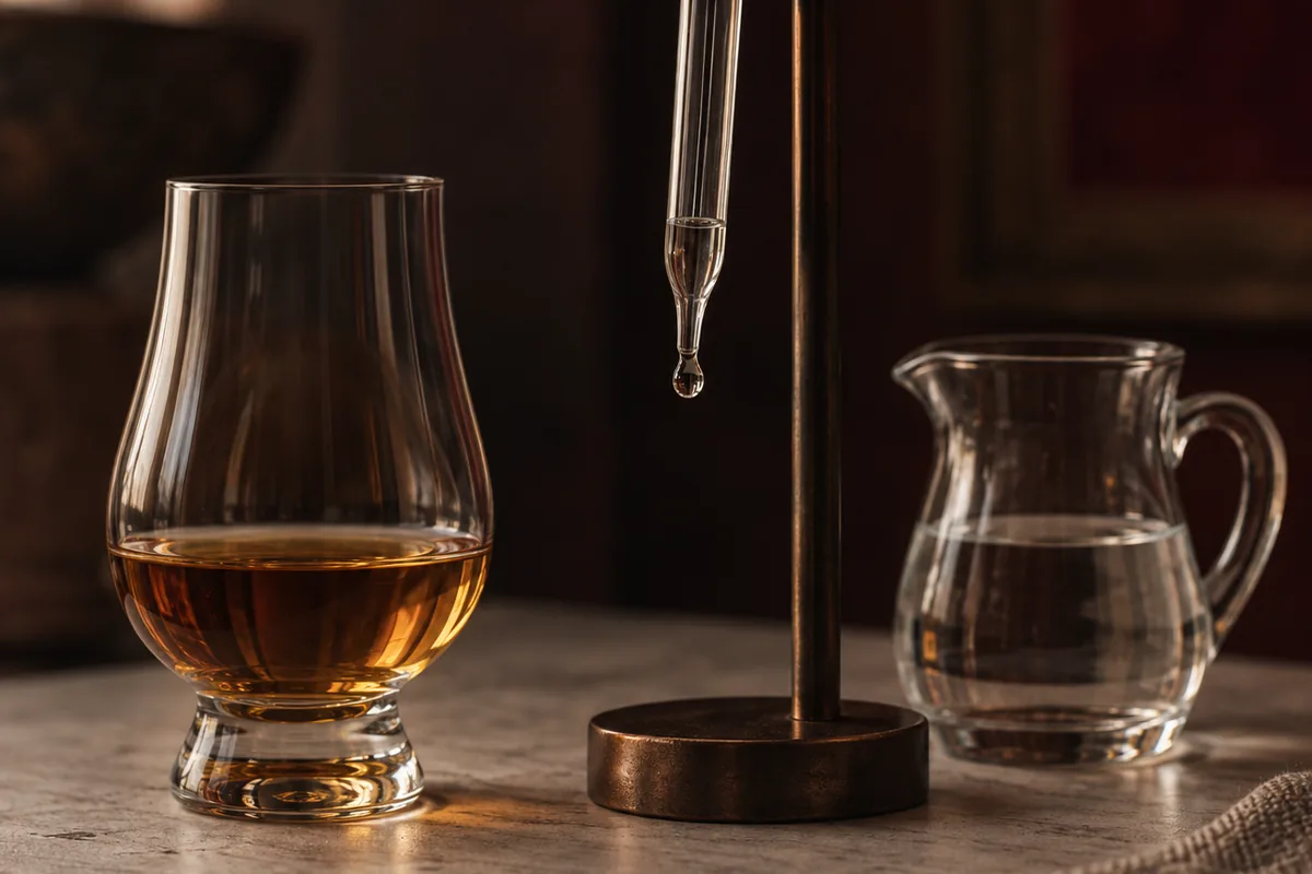 A glass pipette in a stand with a single drop forming at its tip, beside a tulip glass of amber whiskey and a small jug of water