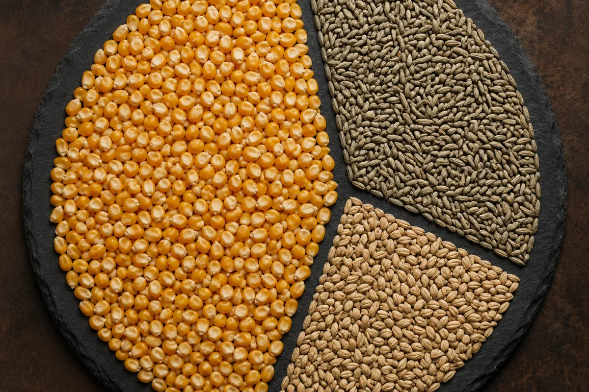 Circular mash diagram with corn occupying more than half and rye filling part of the remaining arc
