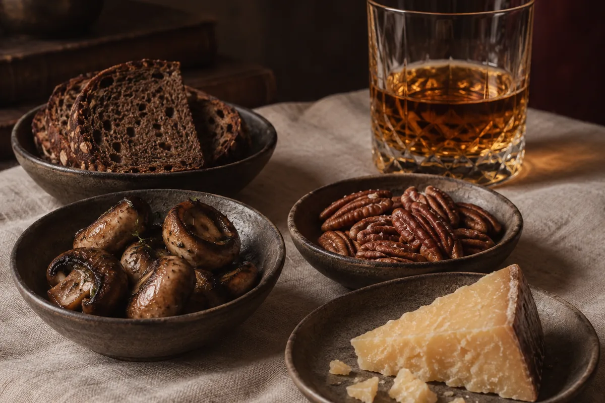 Dark rye bread, grilled chestnut mushrooms, toasted pecans, and a wedge of firm aged cheese in four separate dishes beside a glass of amber whiskey