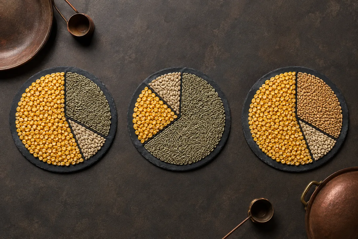 Three grain circles comparing corn-majority high-rye bourbon, rye-majority whiskey, and corn-majority wheated bourbon