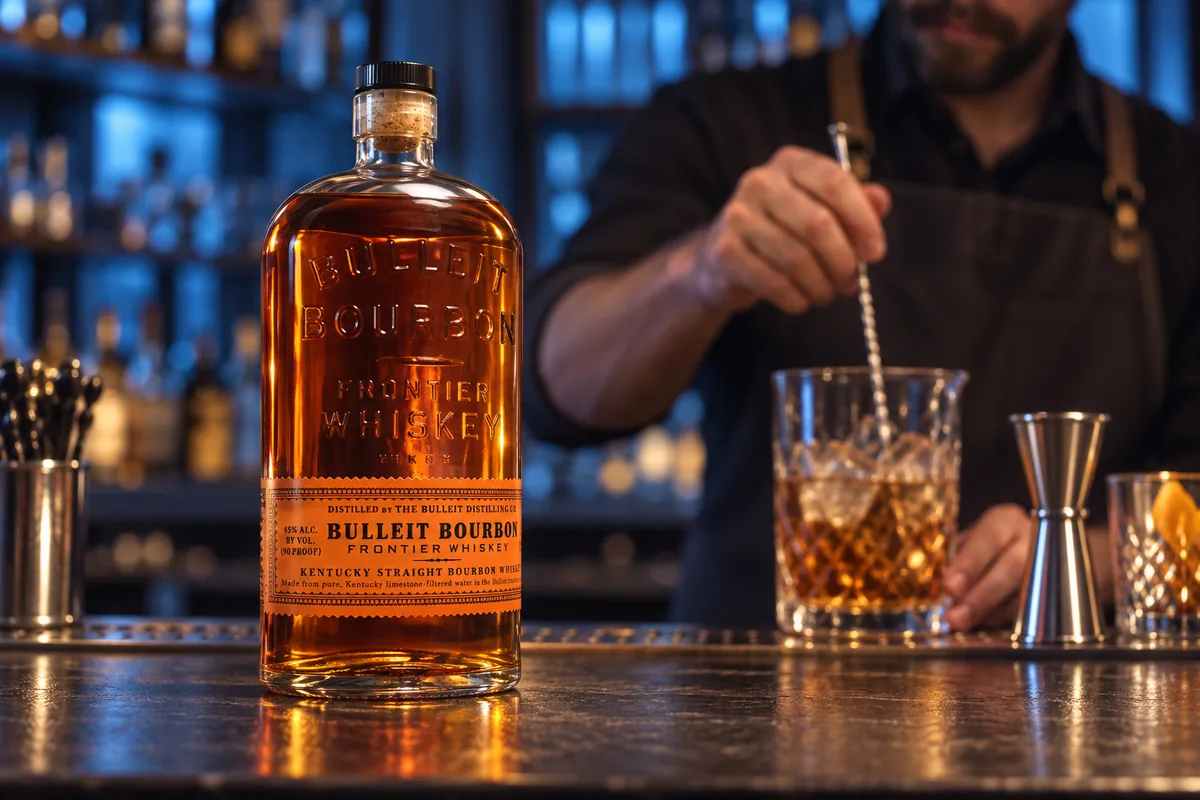 Bulleit high-rye bourbon bottle at a cocktail bar while an adult bartender stirs a measured drink