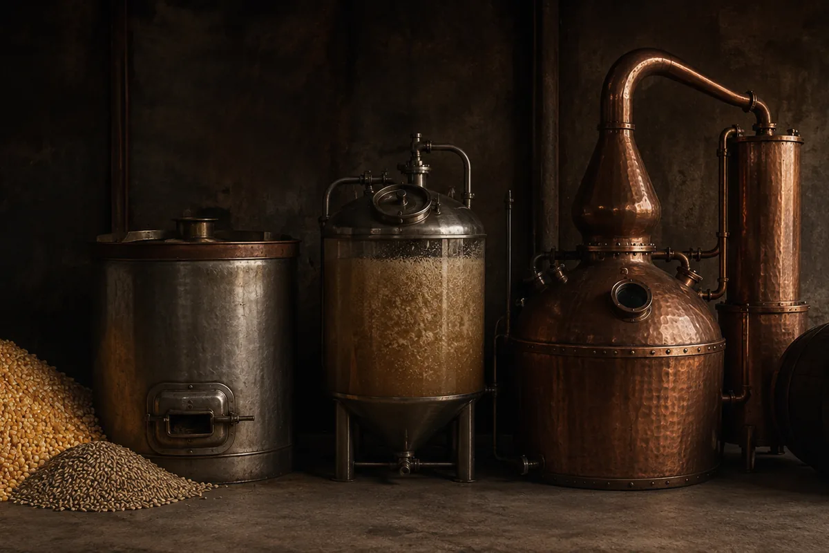 Corn and rye moving through milling, fermentation, distillation, and new oak maturation for high rye bourbon