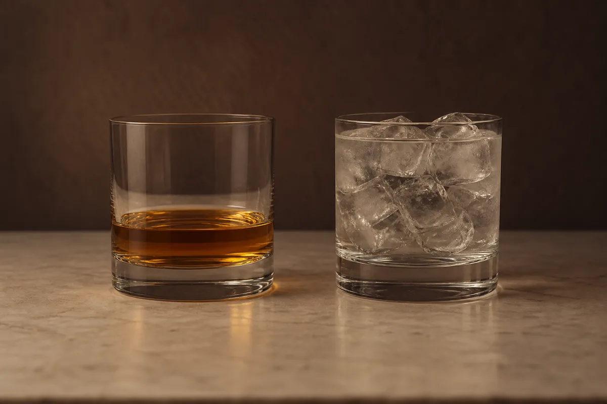 One glass holding a small measured pour of whisky, and the same glass filled to the top with ice and water beside it