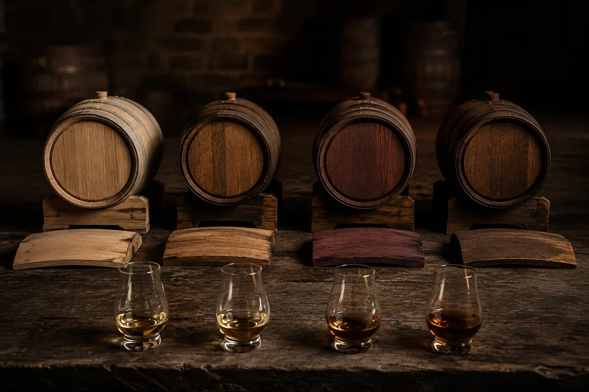 Highland whisky casks showing refill oak, ex-bourbon wood, wine-seasoned wood, and different maturation stages