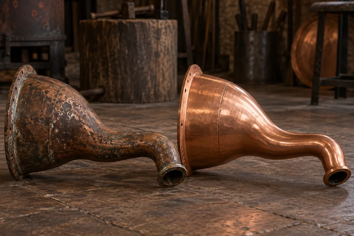 A section of old still neck worn thin, dull and pitted lying beside a bright newly formed replacement section of the same shape