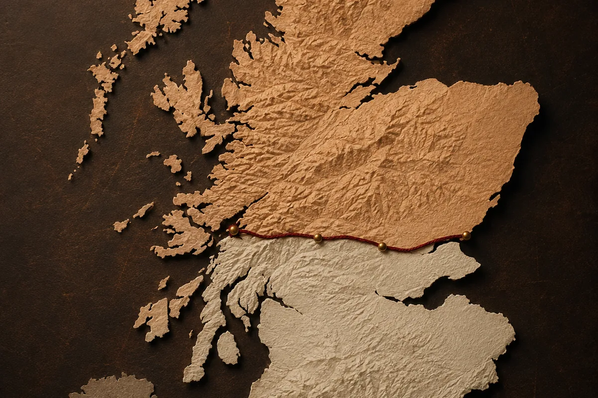 Simplified map of Scotland with the Highland region above the legal line from the Firth of Clyde to the Firth of Tay
