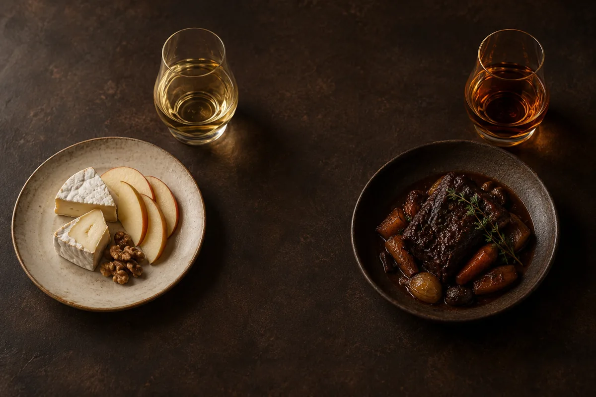 Two plates set beside two glasses of whisky, a pale dish of fresh cheese and fruit beside a pale whisky and a dark braised dish beside a deep amber one