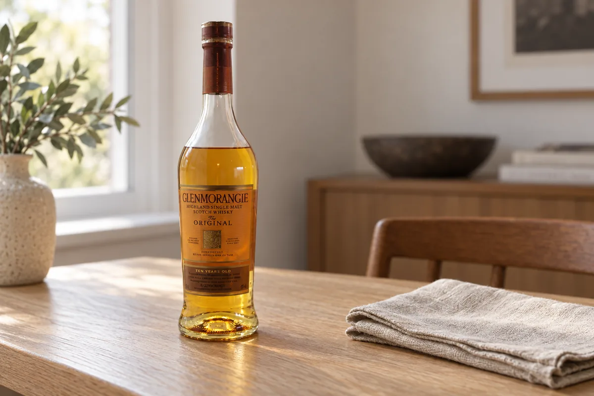 Glenmorangie The Original 10 Highland whisky bottle on a pale oak reading table in window light