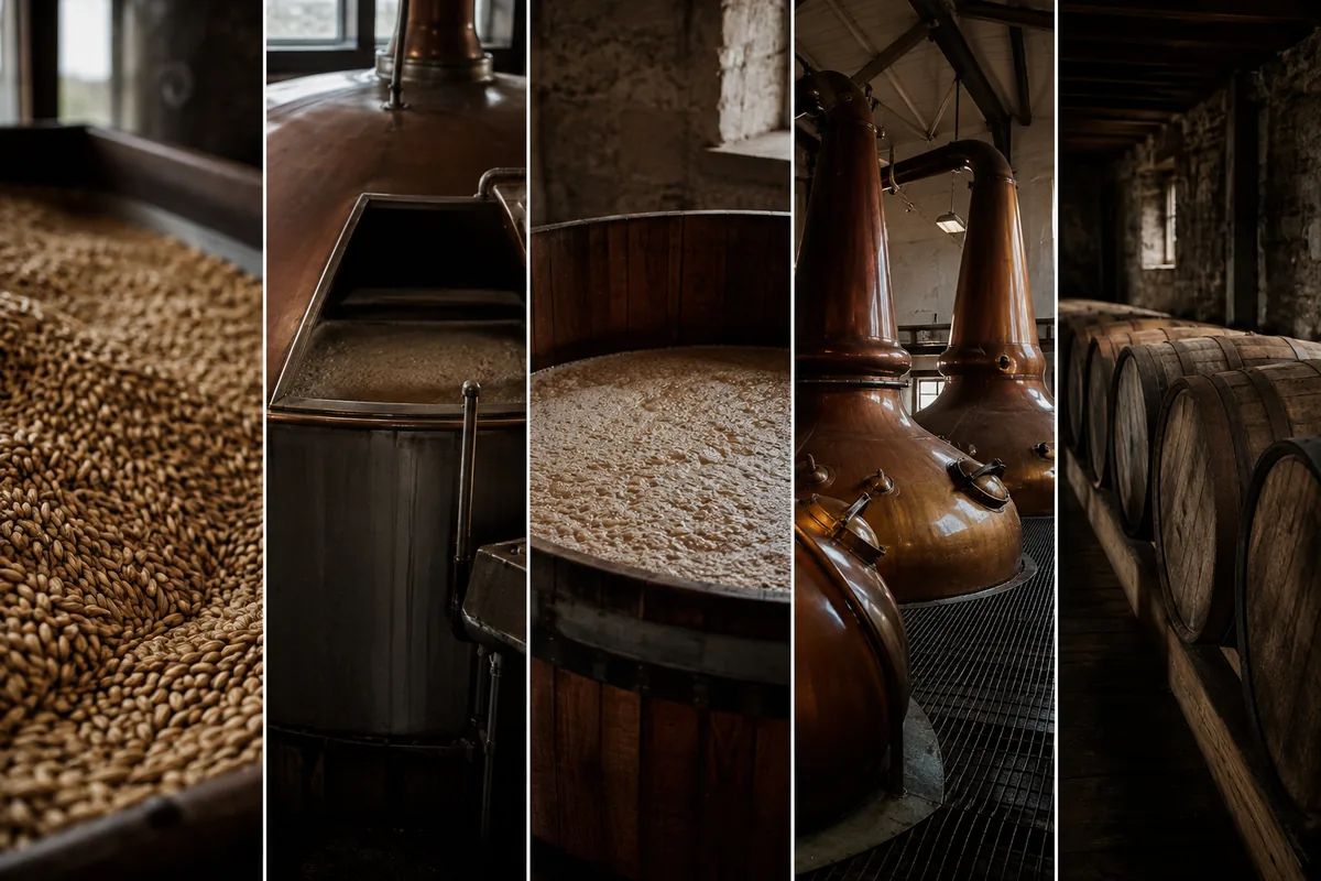 Malted barley moving through mashing, fermentation, copper pot distillation, and oak maturation in a Highland whisky production sequence