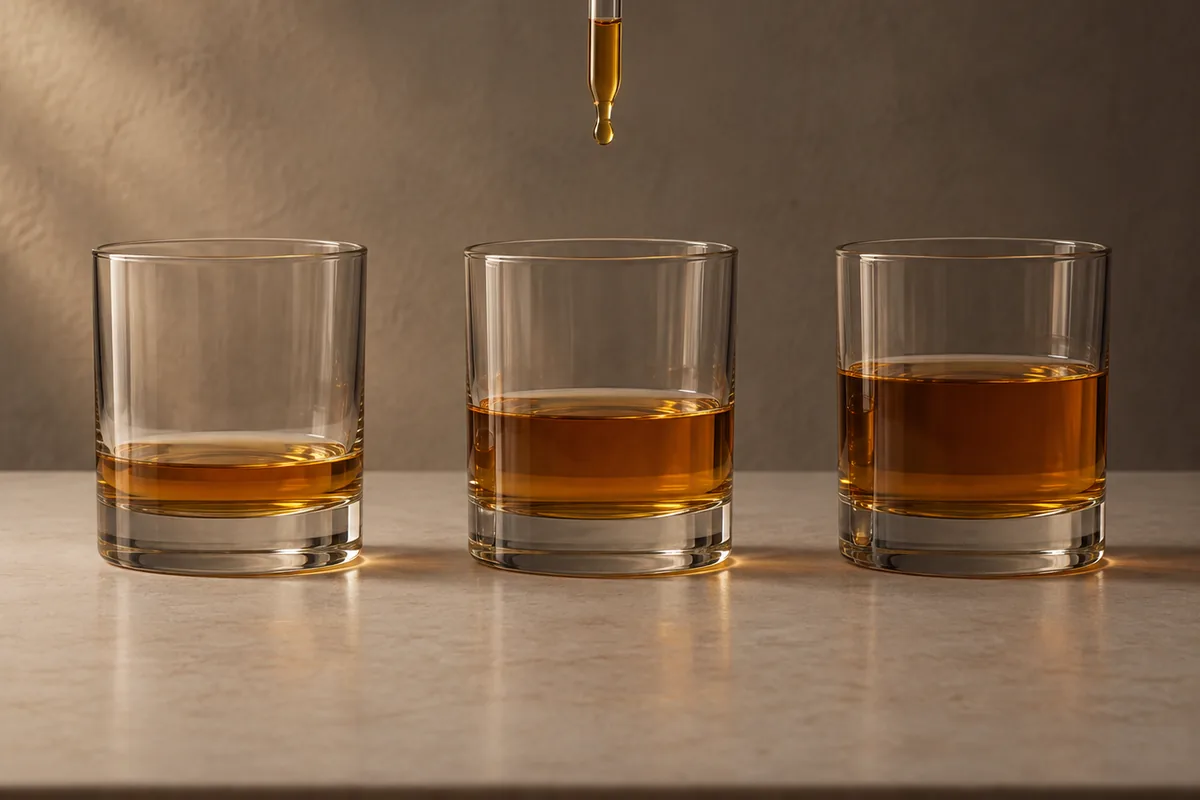 Three identical glasses holding visibly different amounts of whisky, with one pipette adding the same few drops to each