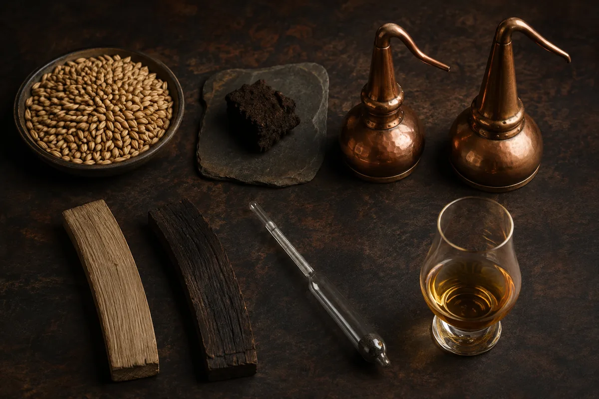 Highland whisky flavour variables shown as malt, peat, two still shapes, contrasting oak staves, and measured strength