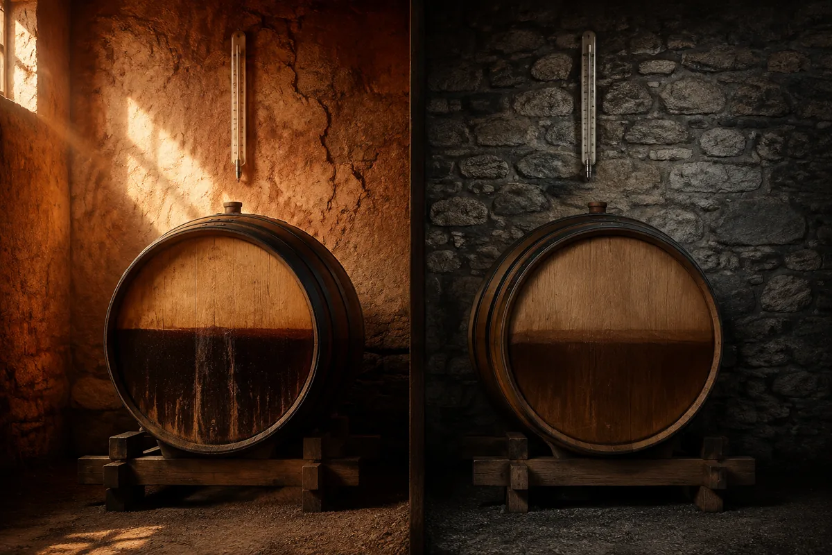 Two whisky casks in warm and cool warehouse conditions showing different temperature cycles, evaporation, and wood extraction
