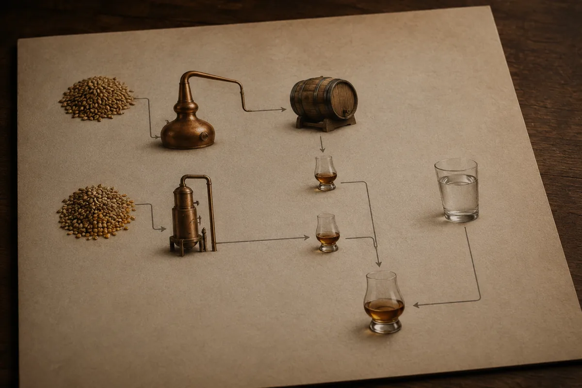 Flow diagram separating Indian single malt, single grain, and blended whisky category paths