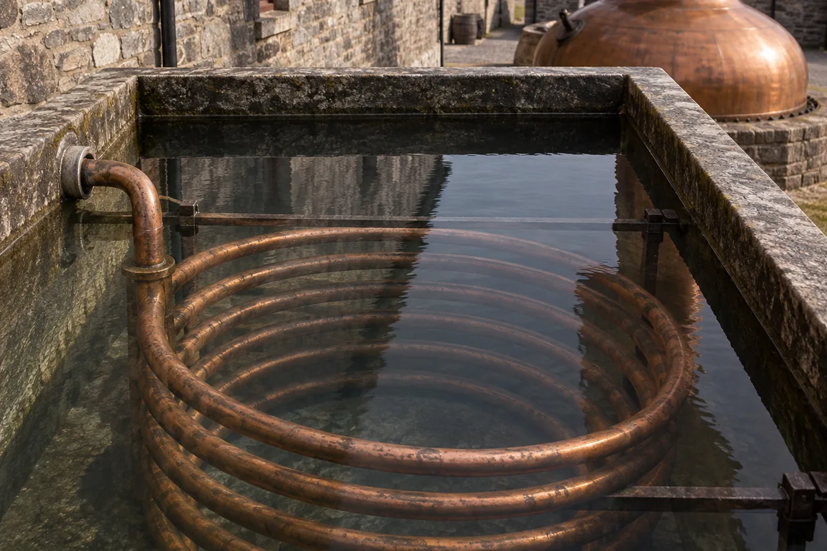 A copper worm tub sunk in a tank of cooling water outside a still house, the coil turning under the surface