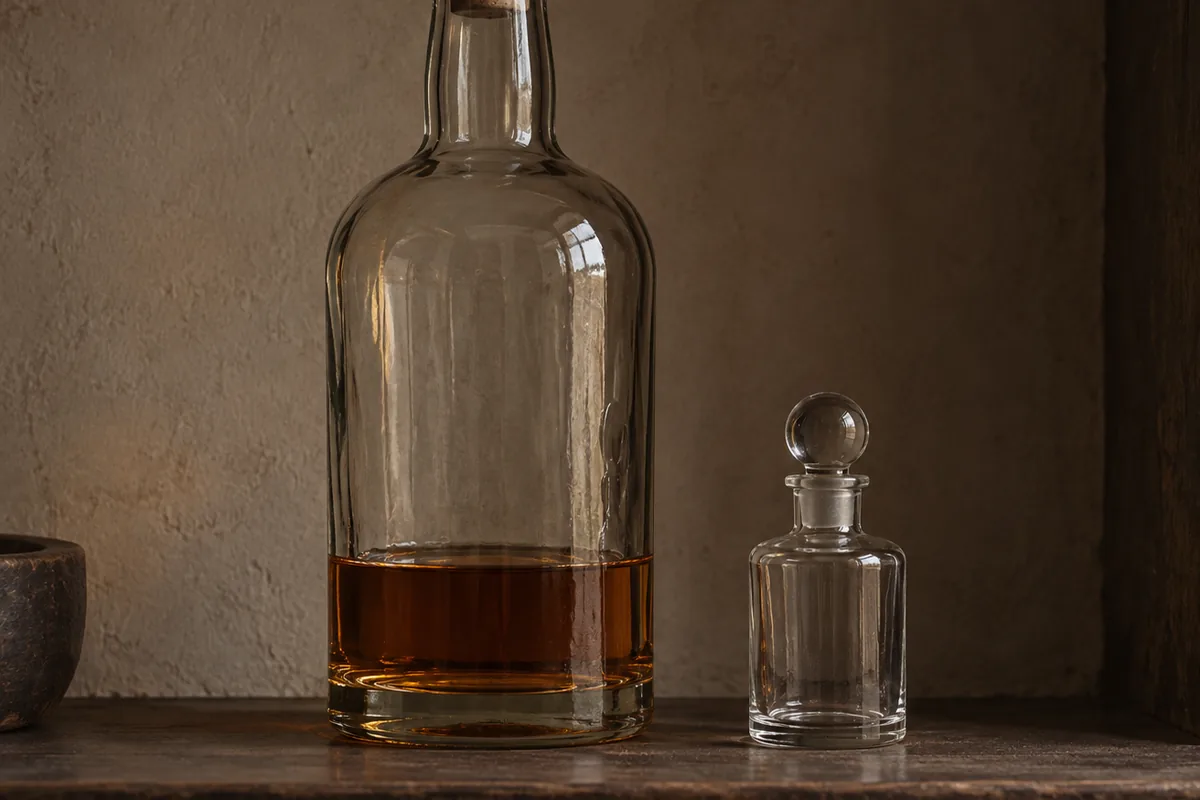 A large whisky bottle with a shallow remainder standing beside a small clean bottle with a sound stopper, ready to take it