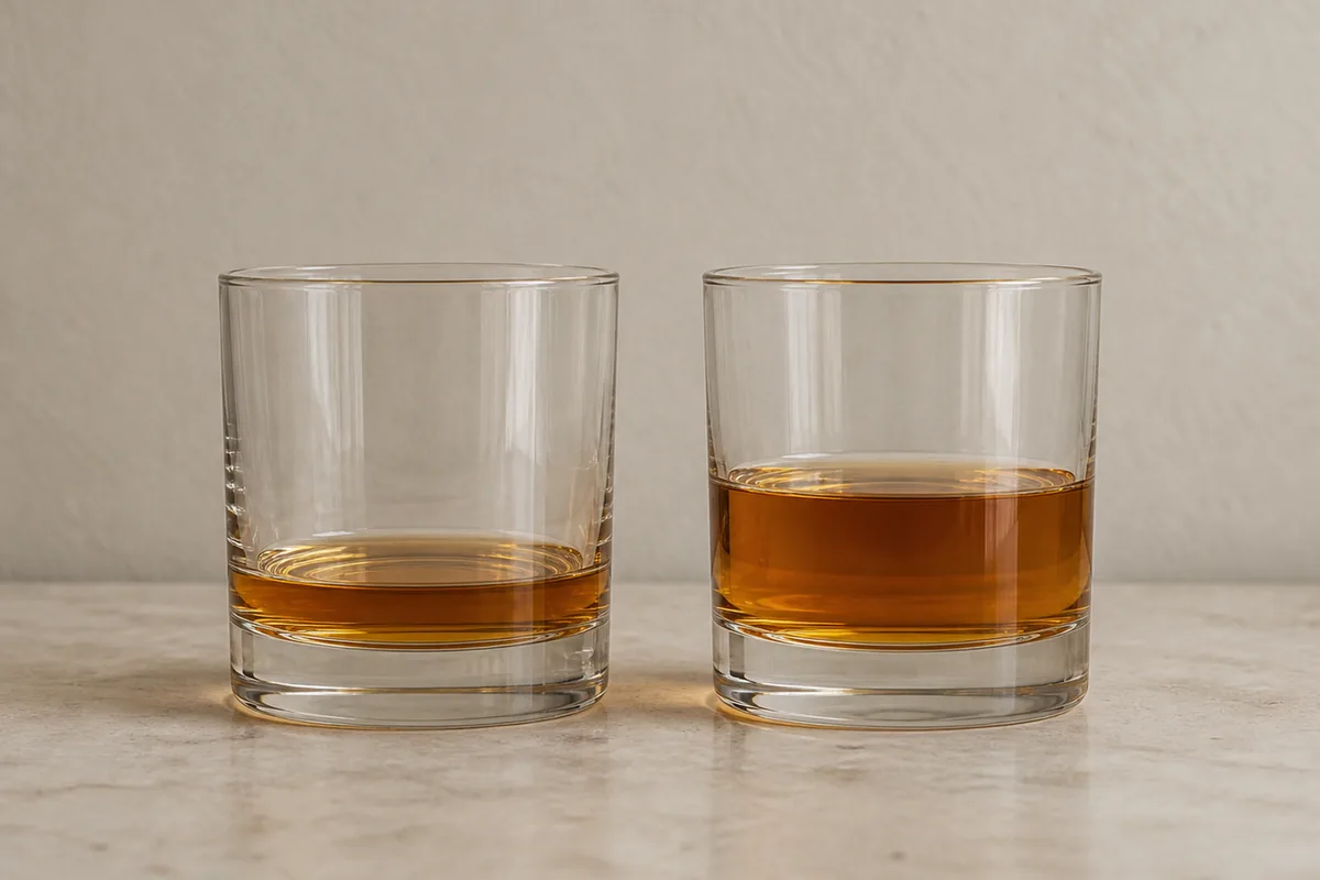 Two glasses holding visibly different volumes of whisky, the smaller pour beside the larger one