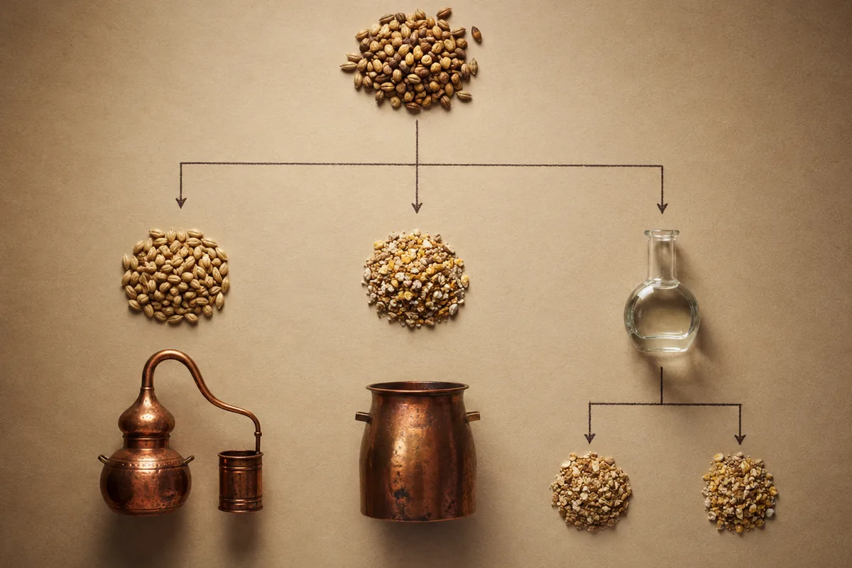 Indian whisky category tree separating single malt, single grain and blended branches with cereal and neutral spirit inputs