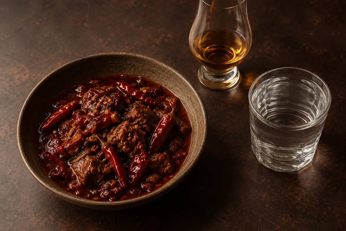 A bowl of a chilli-heavy dish beside a small measured pour of whisky and a glass of water