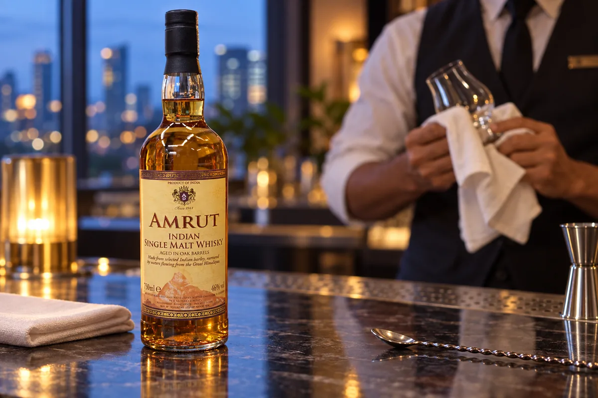 Amrut Indian Single Malt whisky bottle at an adult hotel bar while a bartender polishes a tasting glass