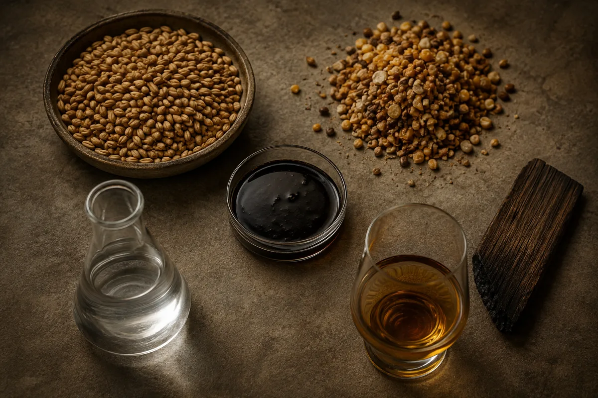 Malted barley, other cereal grain, molasses, clear neutral spirit, malt whisky, and an oak cask arranged as distinct Indian whisky inputs