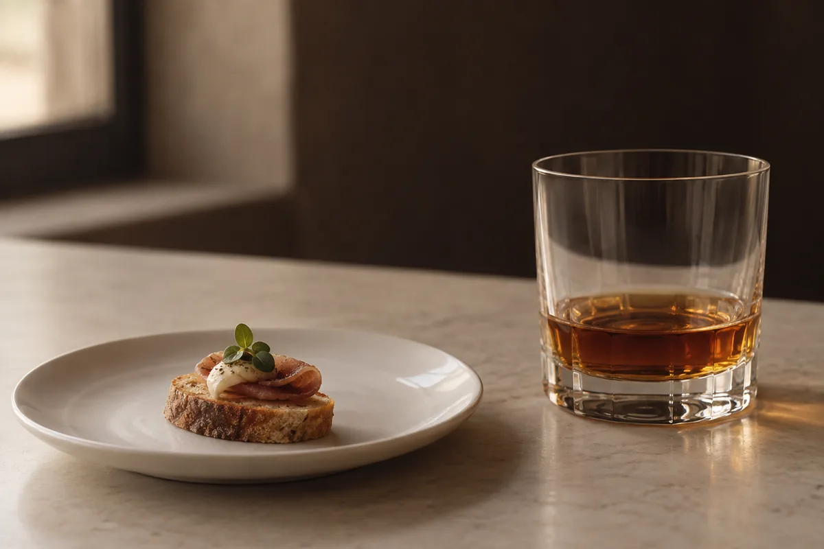 A single small bite of food on a plain plate beside a glass holding one measured sip of whiskey