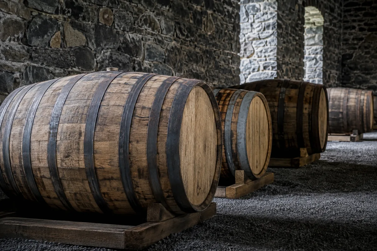 Plain wooden Irish Whiskey casks with varied stave colour resting in a cool bonded warehouse