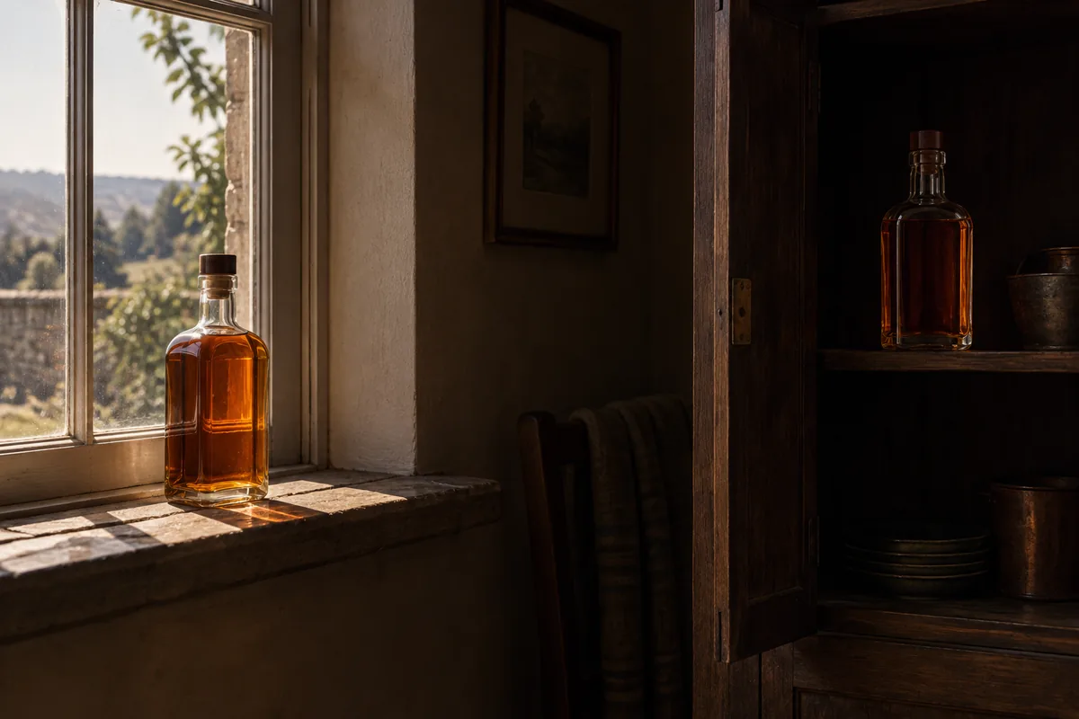 One whiskey bottle standing in bright direct sunlight on a windowsill and an identical bottle standing upright inside a dark cupboard