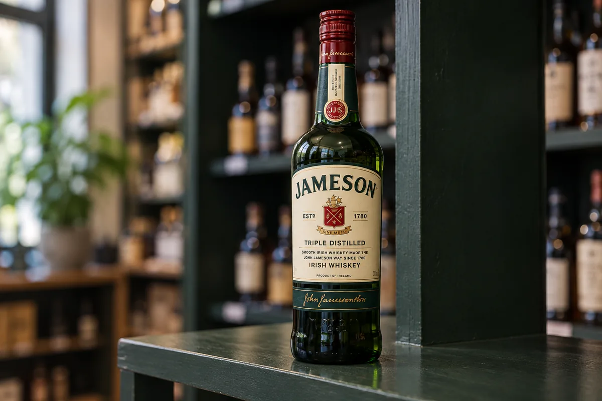 Jameson Original Irish Whiskey bottle on a deep green shelf in a specialist bottle shop.
