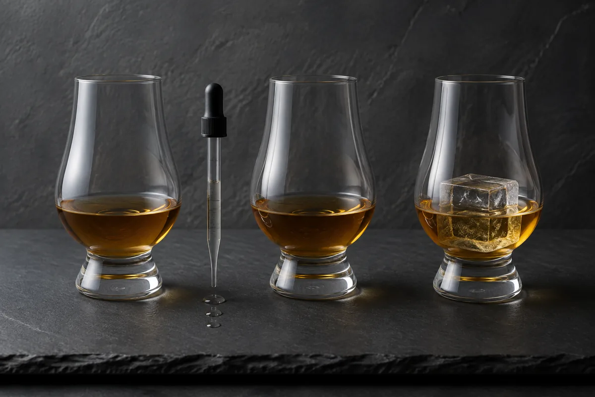 Equal Irish Whiskey pours in matching glasses shown neat, beside measured water and over one clear ice cube