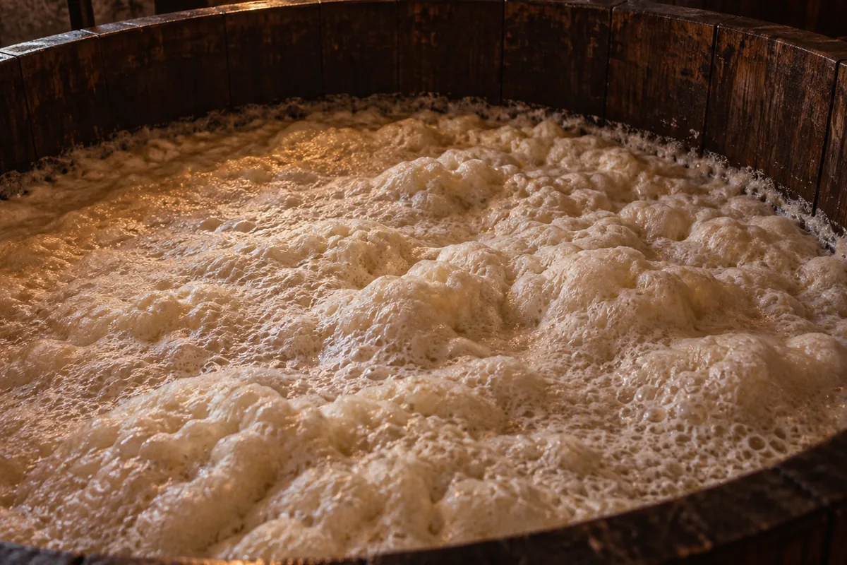 Looking down into an open wooden washback at full fermentation, the surface heaped with pale froth against the dark timber wall
