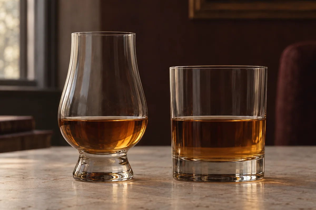 A tulip shaped nosing glass beside a straight sided tumbler, both holding the same measured pour of whisky