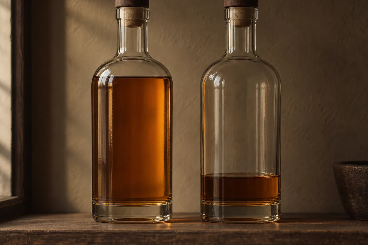 Two identical opened whisky bottles standing side by side, one nearly full and one with only a shallow layer left above a large empty space