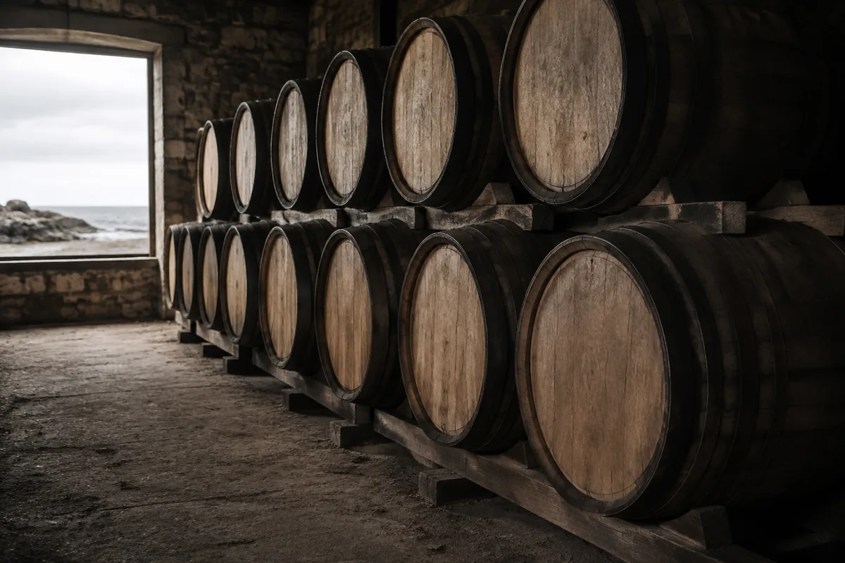 Plain oak whisky casks stacked in a cool stone warehouse during Islands whisky maturation