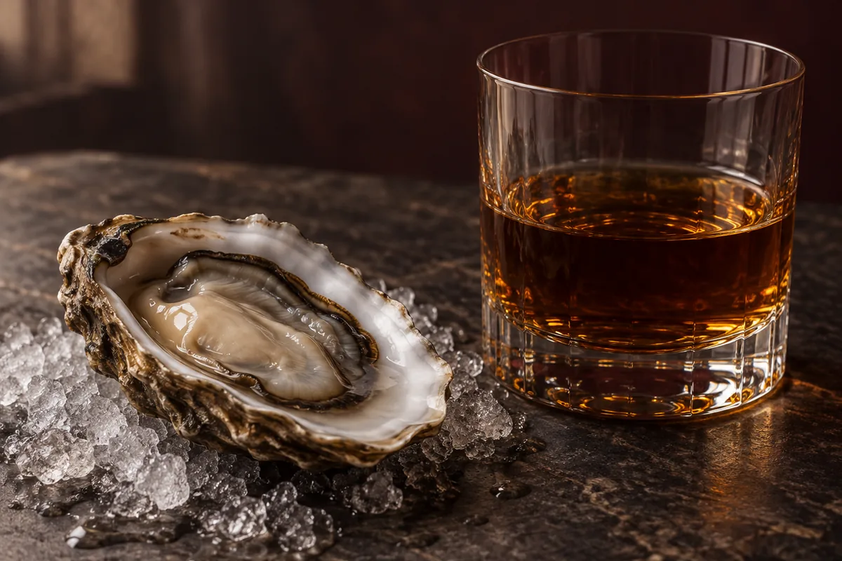 A single opened oyster on ice beside one glass of dark whisky, the two set close together on a bare surface