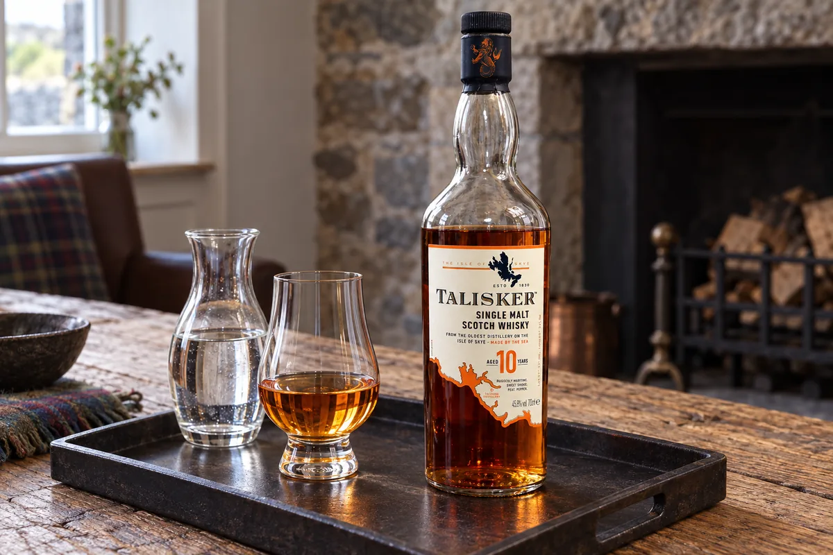Talisker 10 Islands whisky bottle on a service tray beside a tasting glass and water carafe