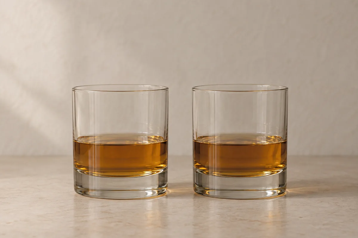 Two identical glasses holding the same volume of whisky at the same depth, indistinguishable from each other