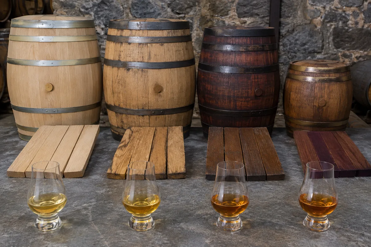 Four separate Islay whisky cask studies showing refill, ex-bourbon, wine-seasoned and finishing wood