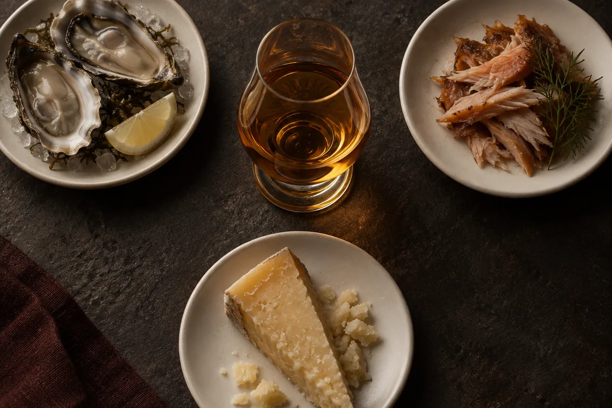 Three small plates set beside one glass of whisky, holding shellfish, smoked fish and a wedge of aged cheese