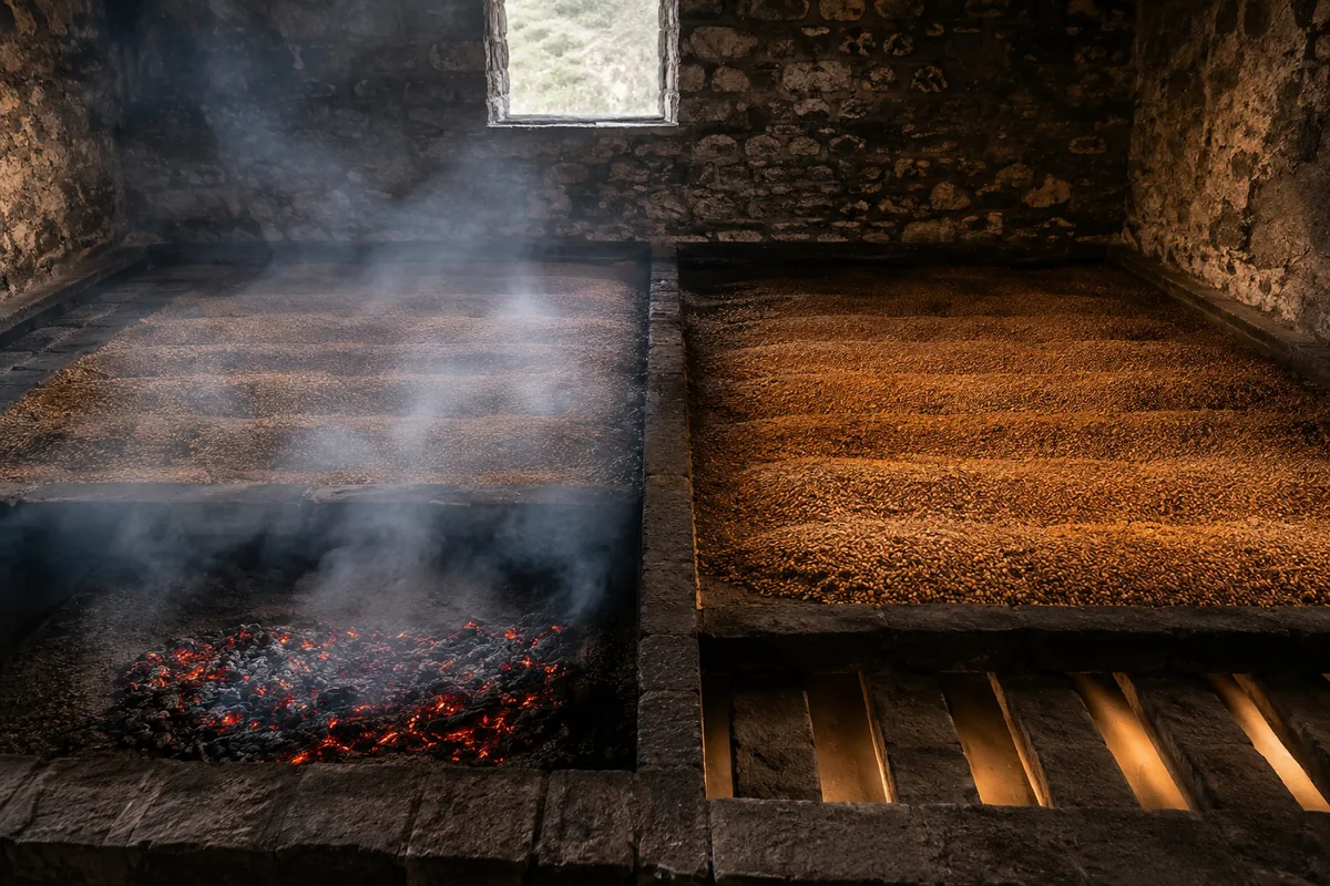 Malt kiln showing peat smoke reaching one barley bed while a separate bed dries with clean air