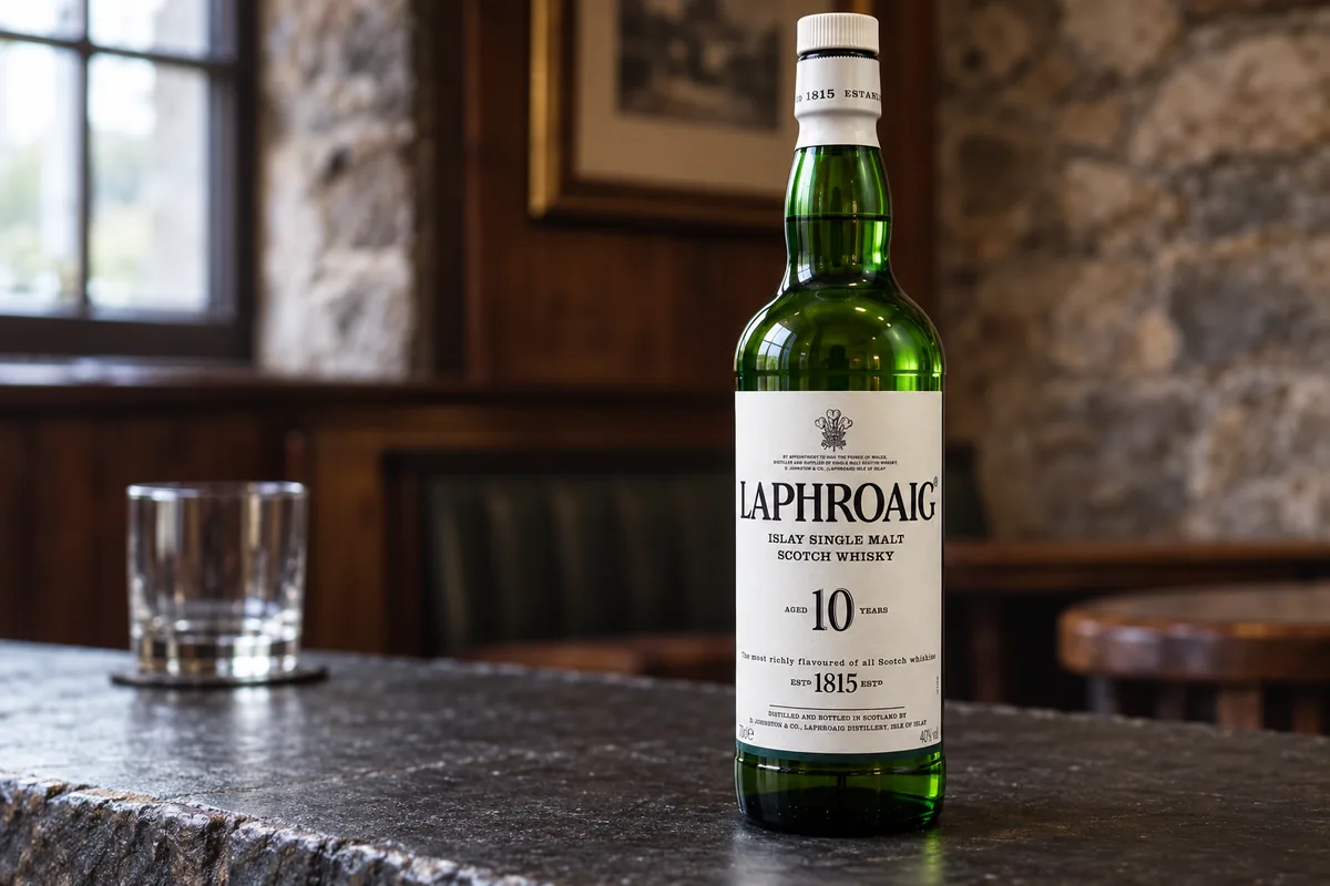 Laphroaig 10 Islay single malt Scotch whisky bottle on a slate pub counter.