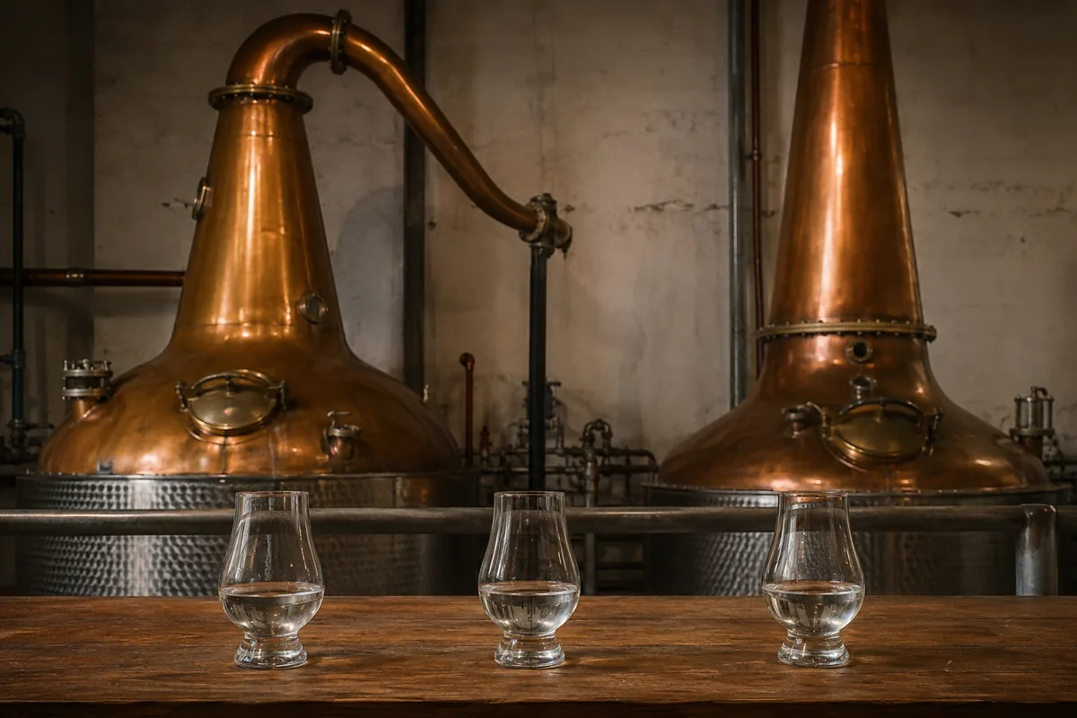 Two contrasting copper pot still neck shapes beside separated colourless distillation fractions