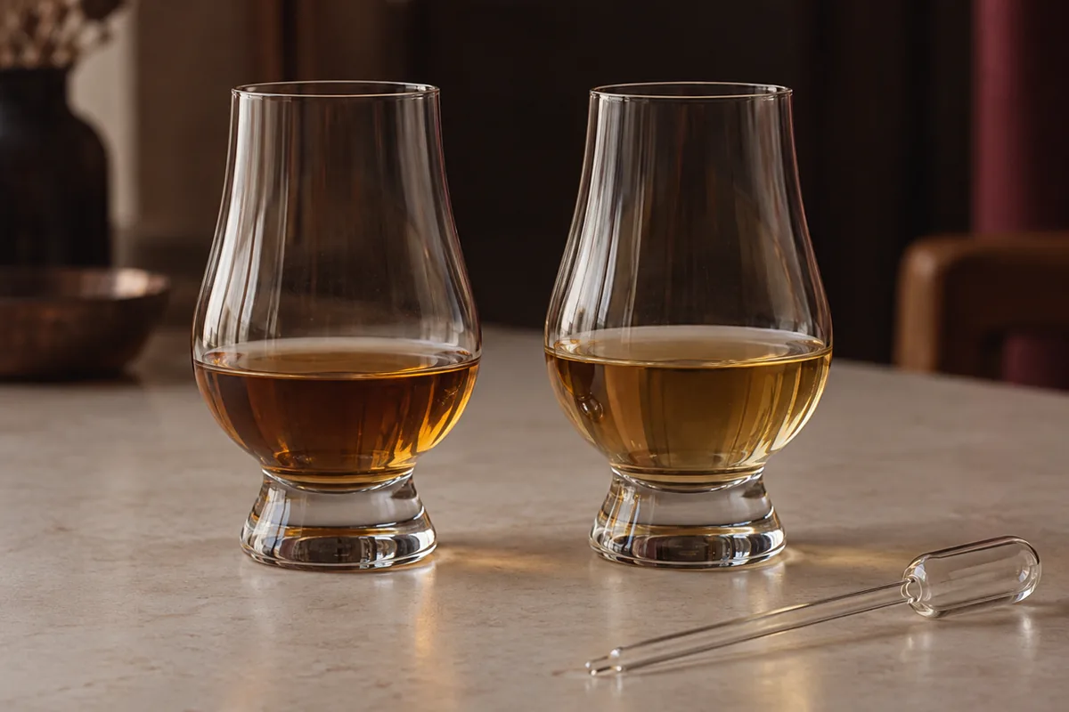 Two identical tulip glasses holding the same whisky, the right one visibly paler after a measured addition of water, with a small pipette beside them