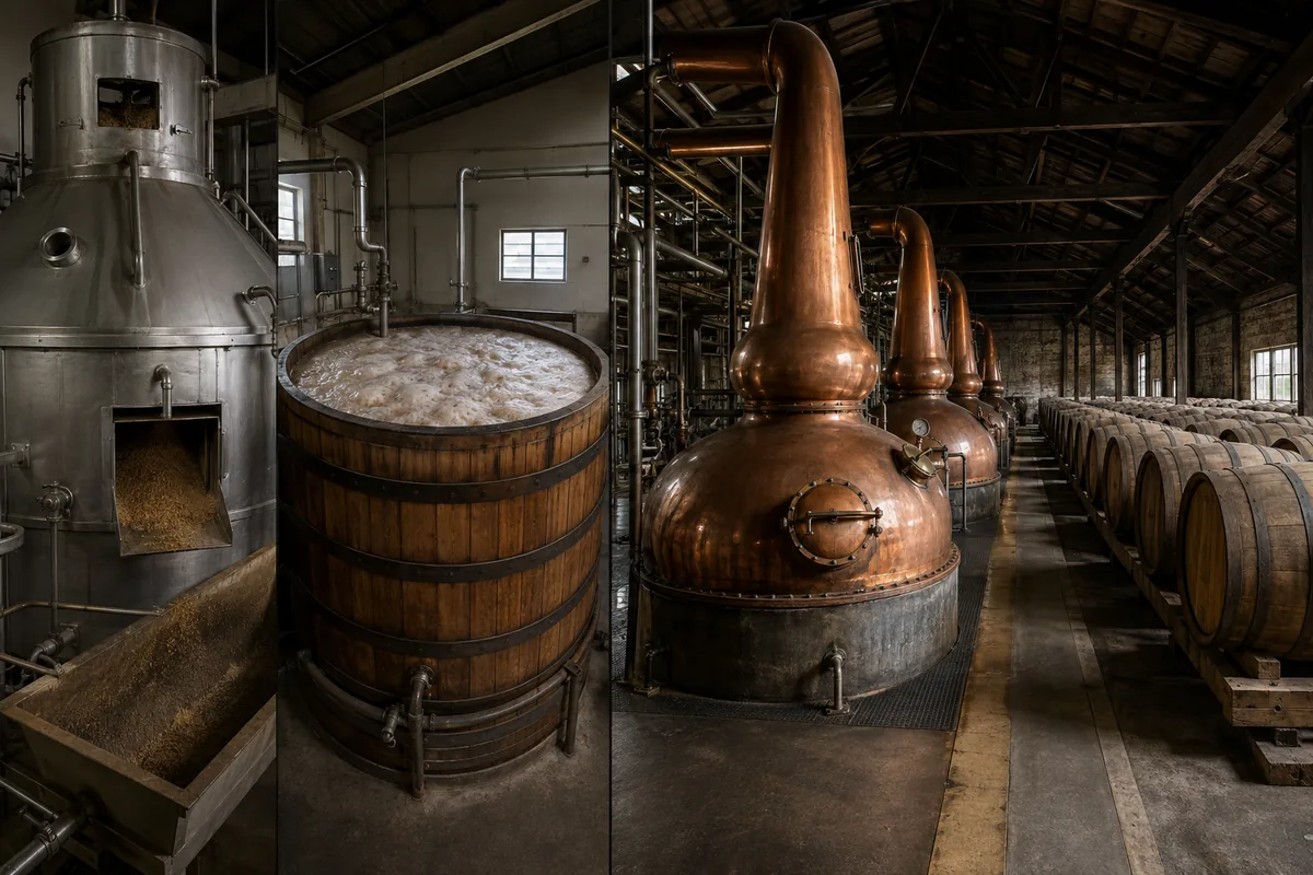 Four-stage Japanese whisky process showing grain conversion, fermentation, distillation and wooden cask filling in Japan