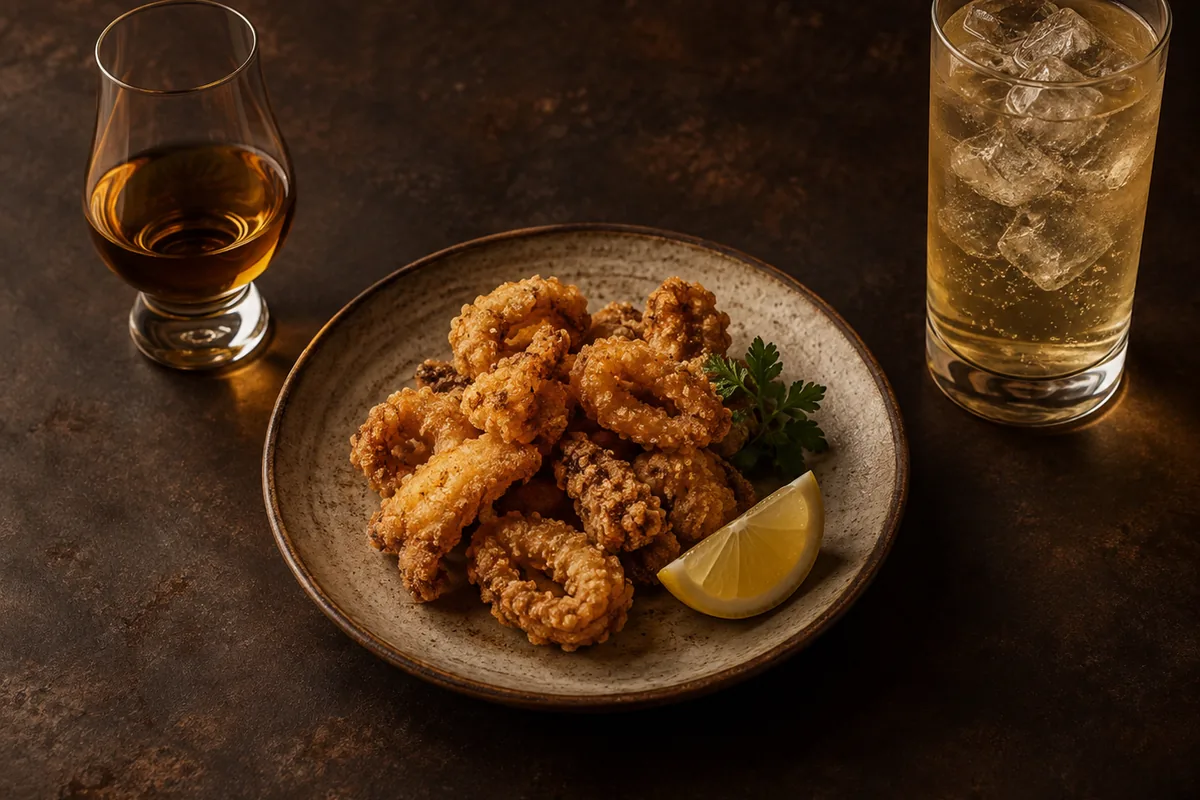 A plate of crisp fried food set between a neat glass of whisky and a tall highball