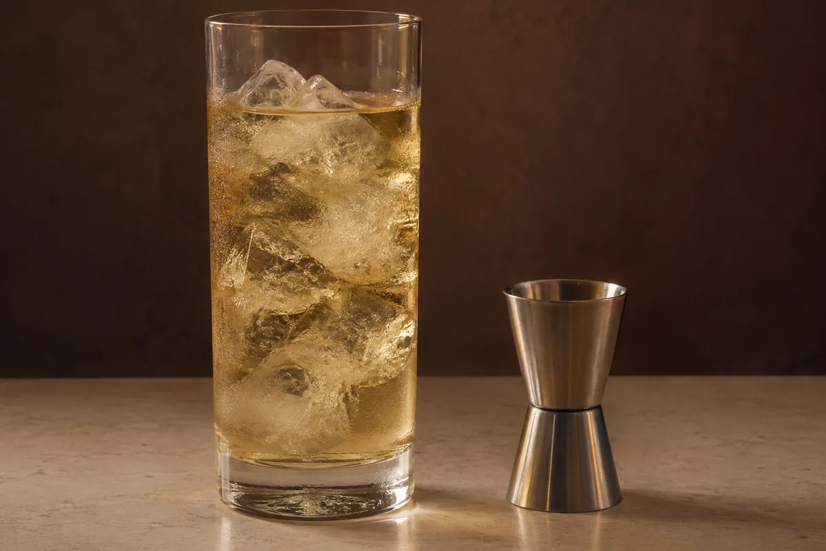 A tall highball glass beside the small spirit measure that was emptied into it, the measure standing dry