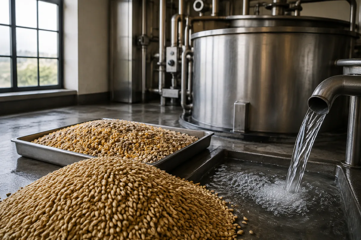 Malted barley, mixed cereal grain and clear water arranged as the permitted starting materials for Japanese whisky