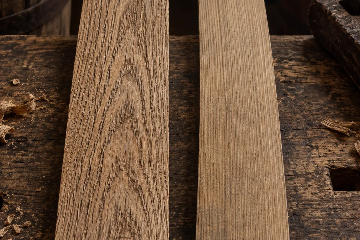 Two cut oak staves lying side by side, the left with the wide open grain of mizunara and the right with the tighter grain of American oak