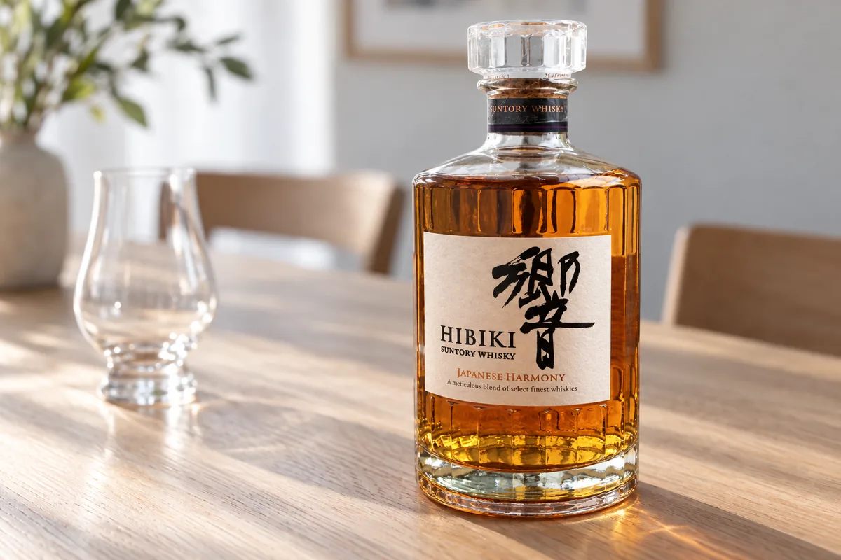 Hibiki Japanese Harmony whisky bottle on a pale oak dining table.