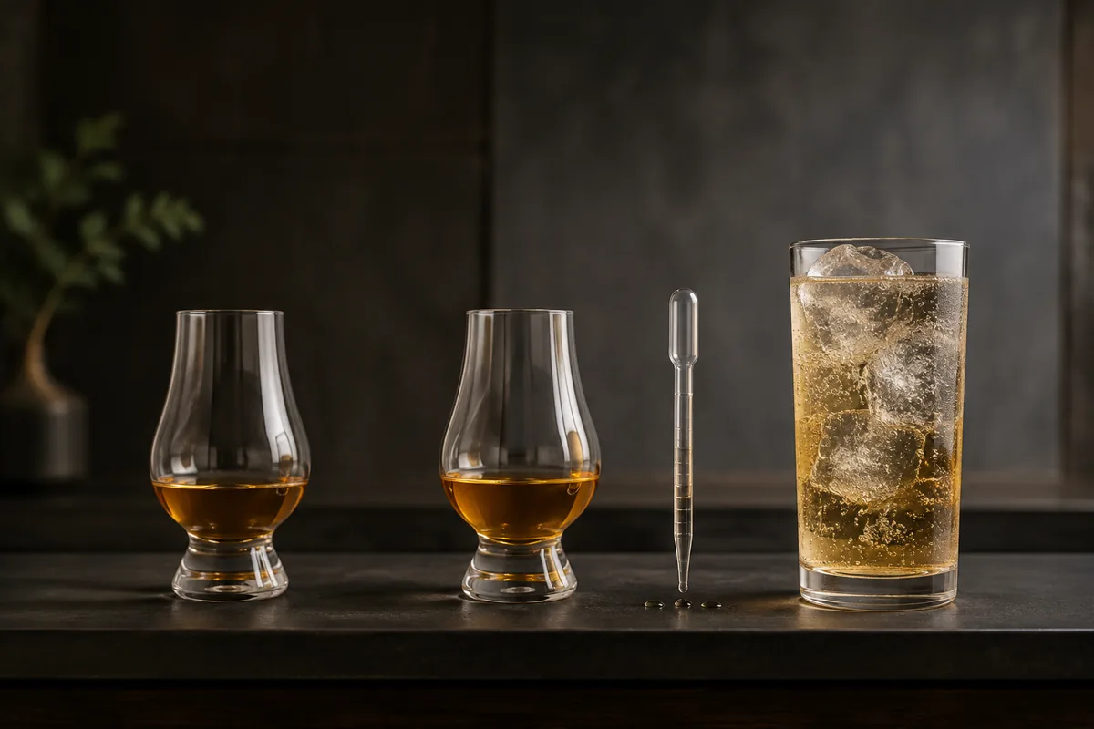 Japanese whisky shown in a tulip tasting glass, with measured water, and in a tall carbonated highball