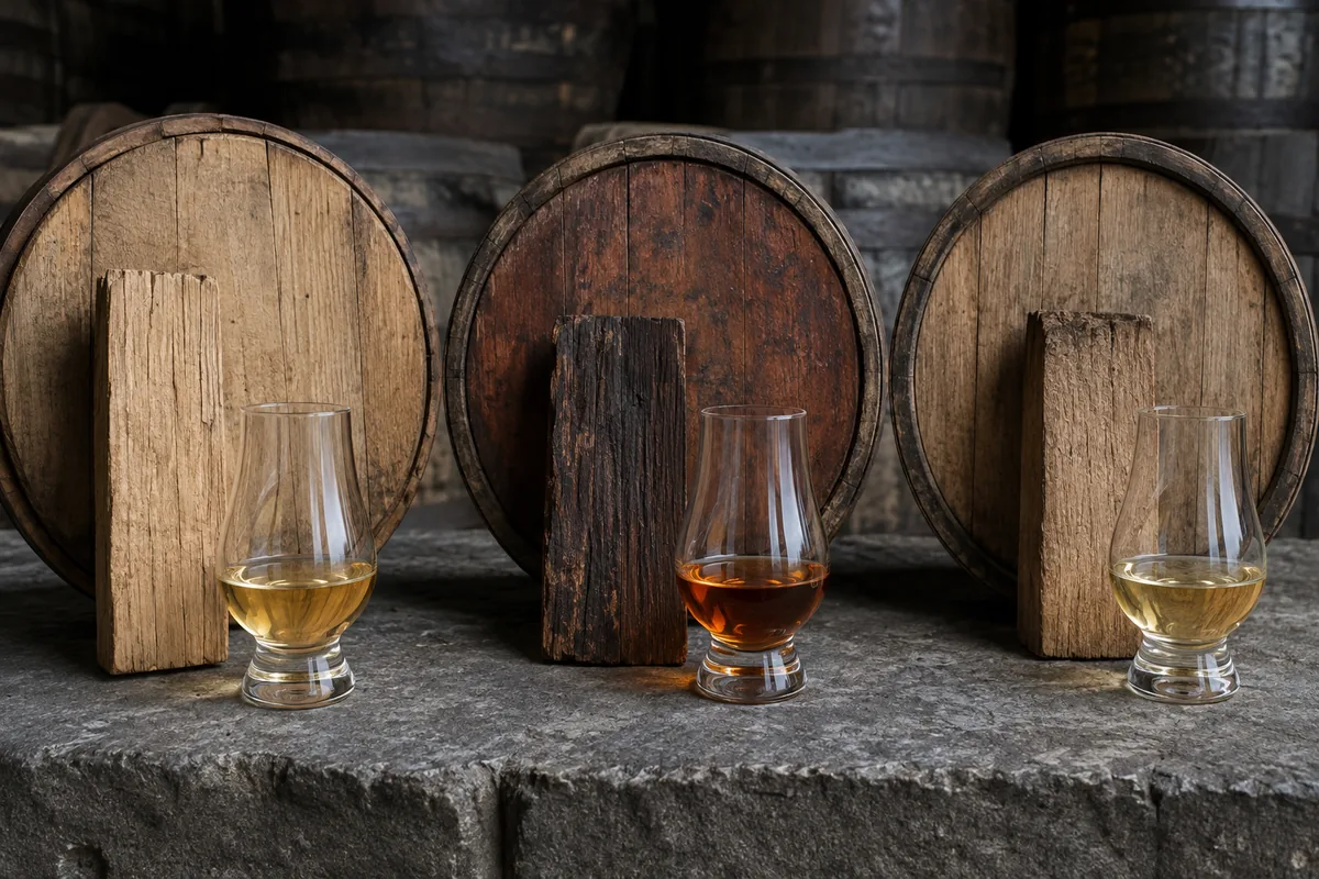 Three Lowland whisky cask studies comparing ex-bourbon, wine-seasoned and refill wood beside matching samples